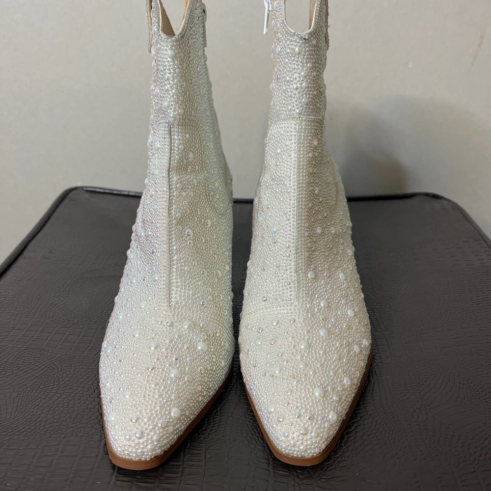 Betsey Johnson Cream Pearl-Embellished Western Ankle Boots - Picture 4 of 8